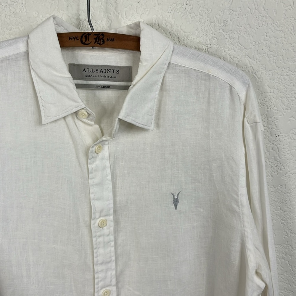 AllSaints White Linen Button-Down Shirt with Subtle Logo